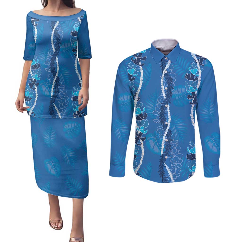 Hawaii Maile Lei Couples Matching Puletasi and Long Sleeve Button Shirt With Blue Monstera Pattern LT05 Blue - Polynesian Pride
