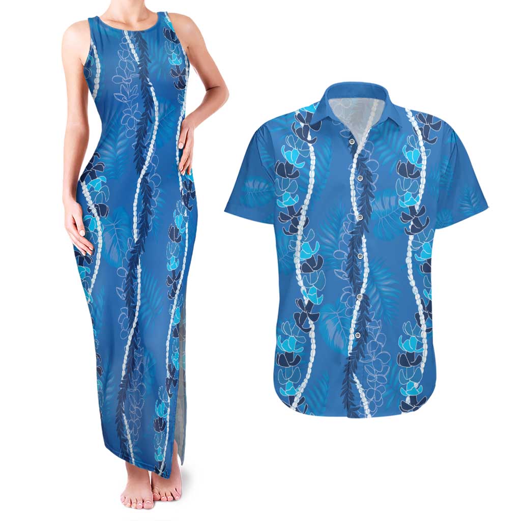 Hawaii Maile Lei Couples Matching Tank Maxi Dress and Hawaiian Shirt With Blue Monstera Pattern