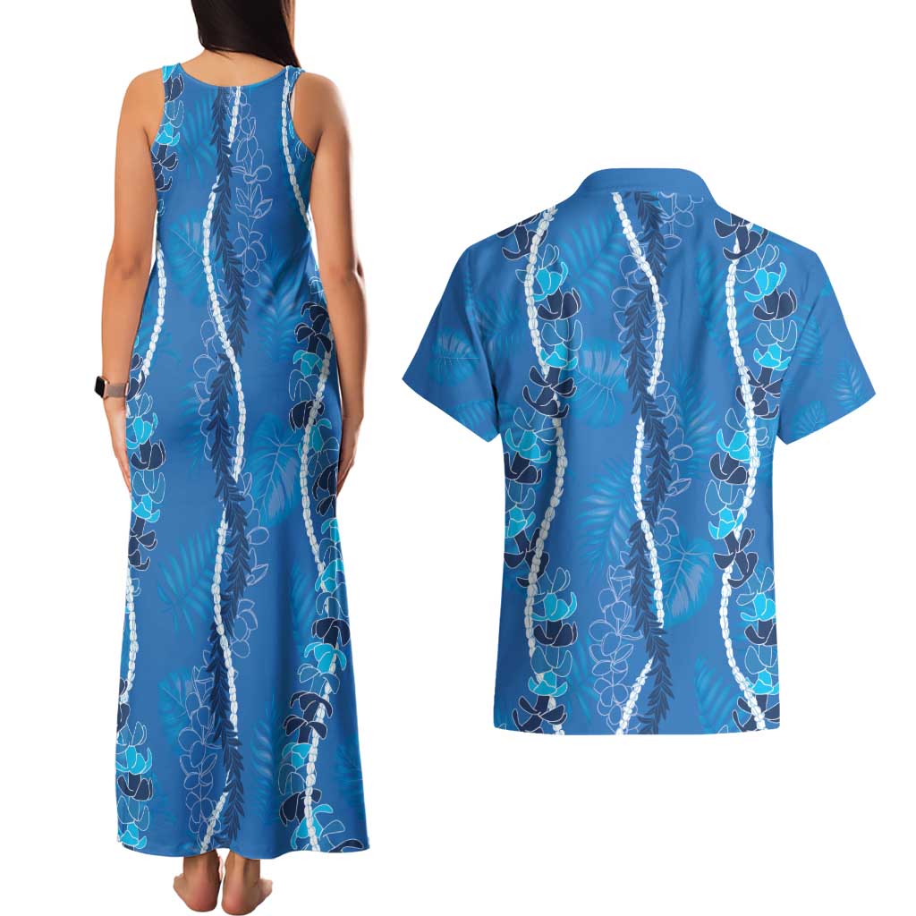 Hawaii Maile Lei Couples Matching Tank Maxi Dress and Hawaiian Shirt With Blue Monstera Pattern