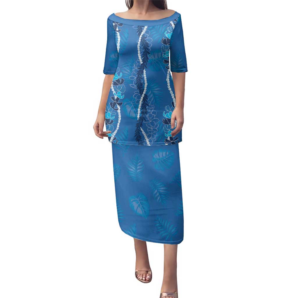 Hawaii Maile Lei Family Matching Puletasi and Hawaiian Shirt With Blue Monstera Pattern