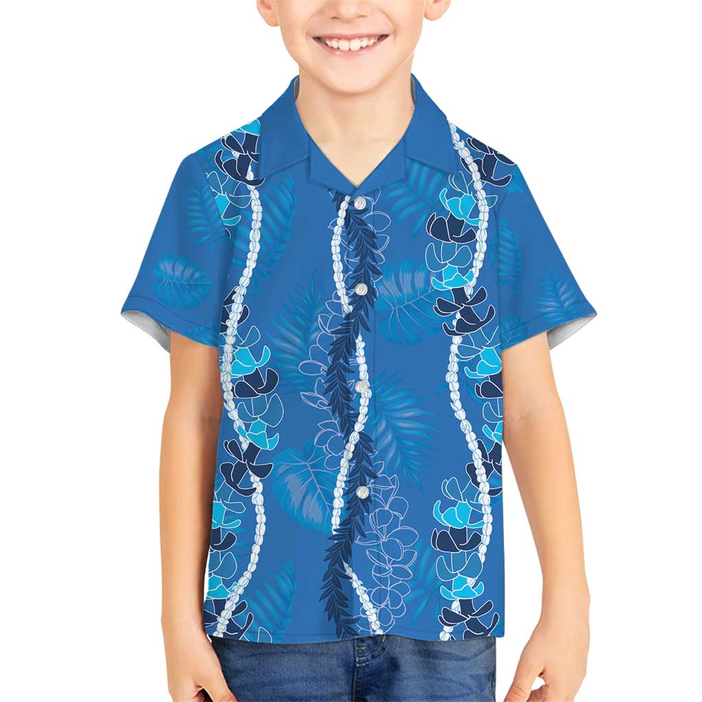 Hawaii Maile Lei Family Matching Puletasi and Hawaiian Shirt With Blue Monstera Pattern