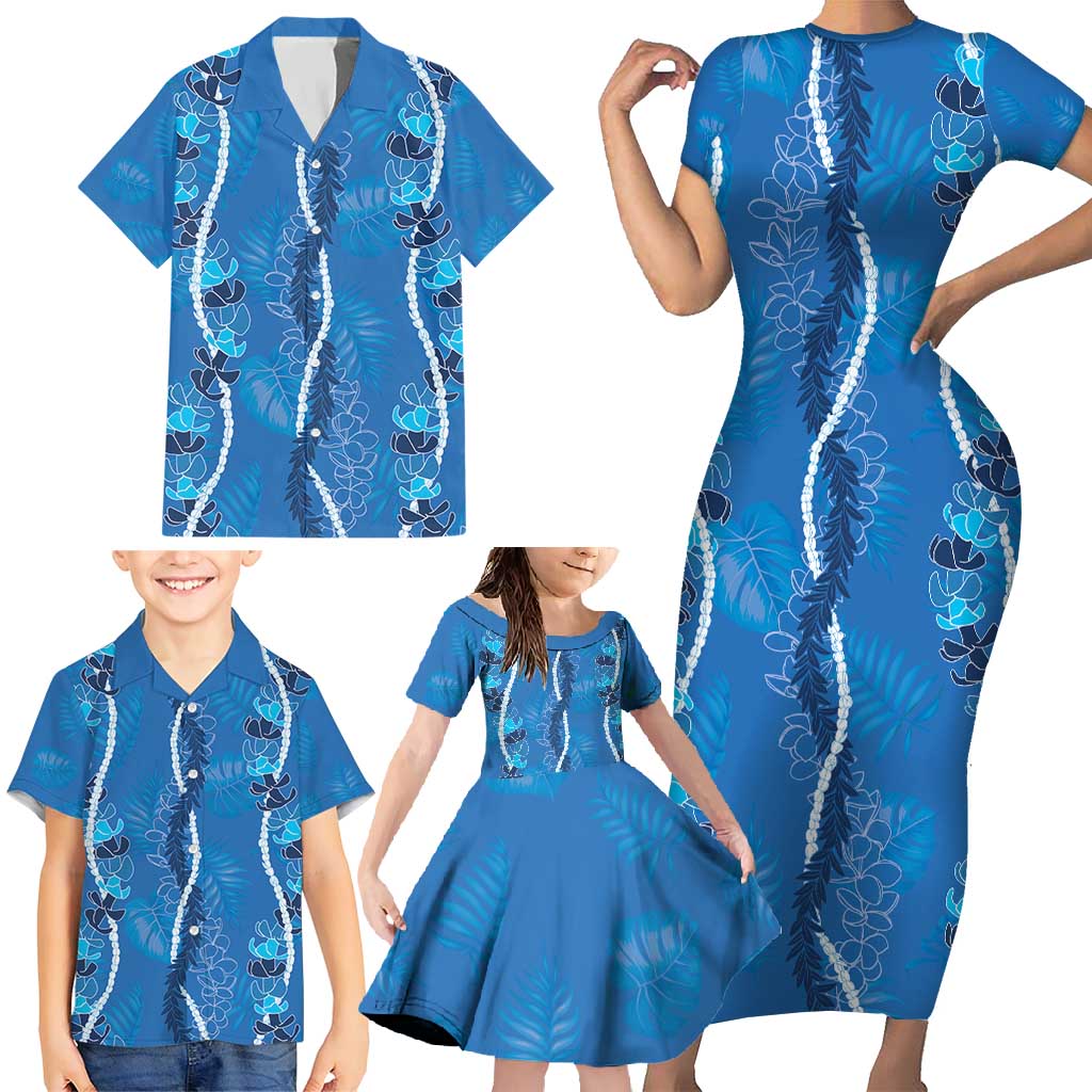 Hawaii Maile Lei Family Matching Short Sleeve Bodycon Dress and Hawaiian Shirt With Blue Monstera Pattern