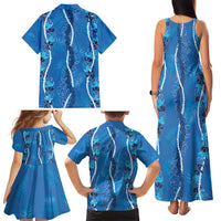 Hawaii Maile Lei Family Matching Tank Maxi Dress and Hawaiian Shirt With Blue Monstera Pattern