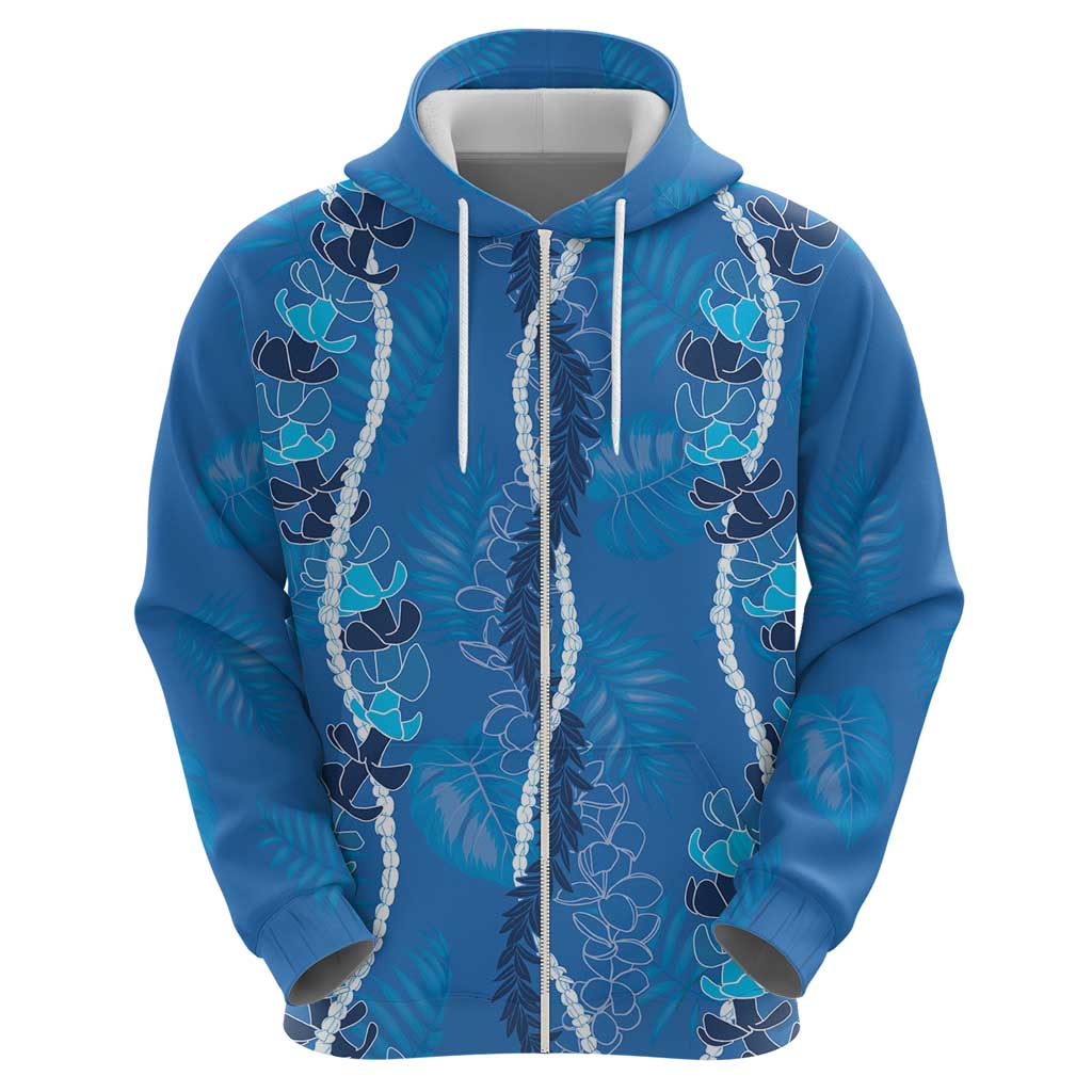 Hawaii Maile Lei Zip Hoodie With Blue Monstera Pattern