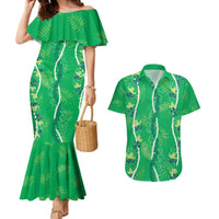 Hawaii Maile Lei Couples Matching Mermaid Dress and Hawaiian Shirt With Green Monstera Pattern
