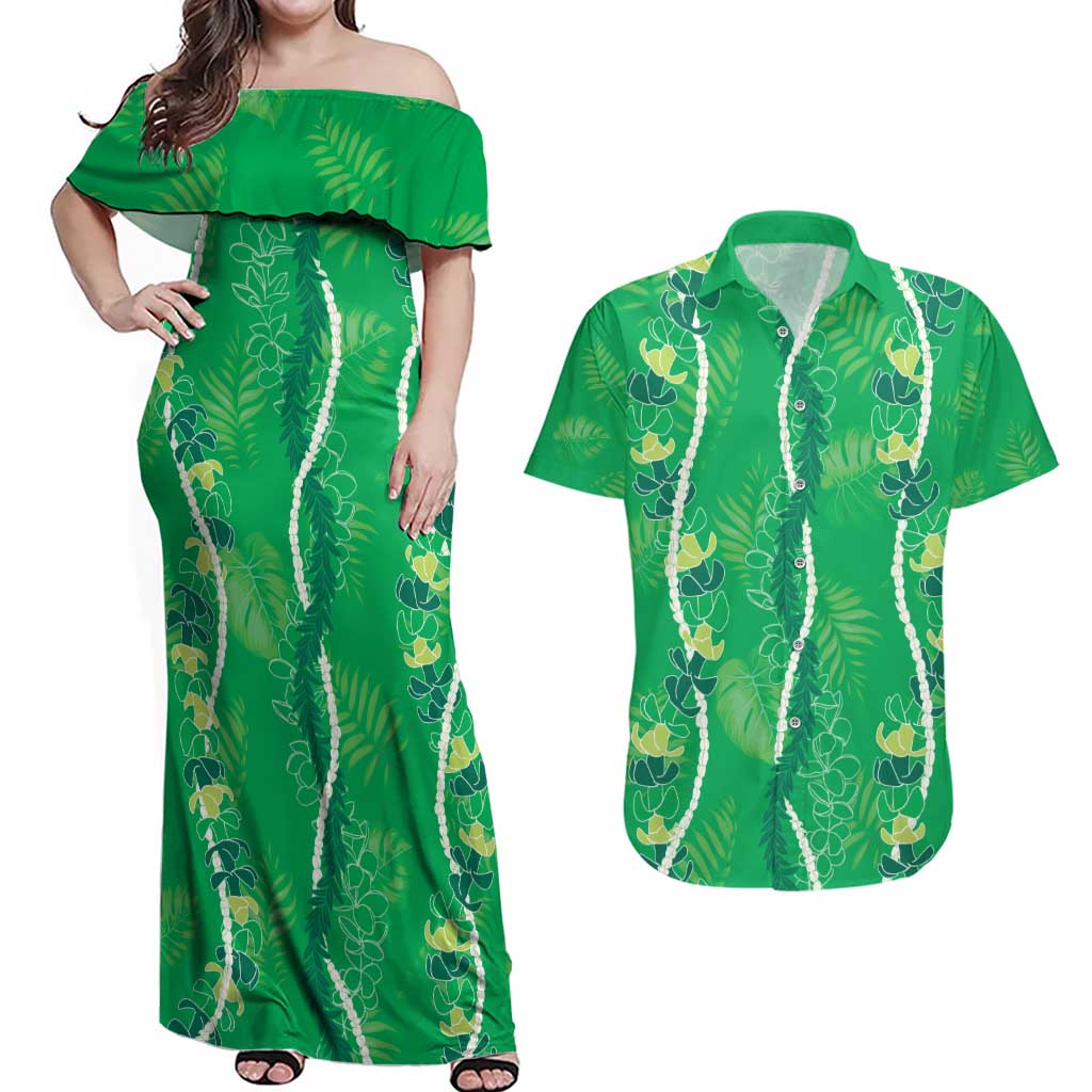 Hawaii Maile Lei Couples Matching Off Shoulder Maxi Dress and Hawaiian Shirt With Green Monstera Pattern