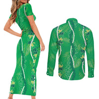 Hawaii Maile Lei Couples Matching Short Sleeve Bodycon Dress and Long Sleeve Button Shirt With Green Monstera Pattern