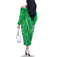 Hawaii Maile Lei Family Matching Off The Shoulder Long Sleeve Dress and Hawaiian Shirt With Green Monstera Pattern