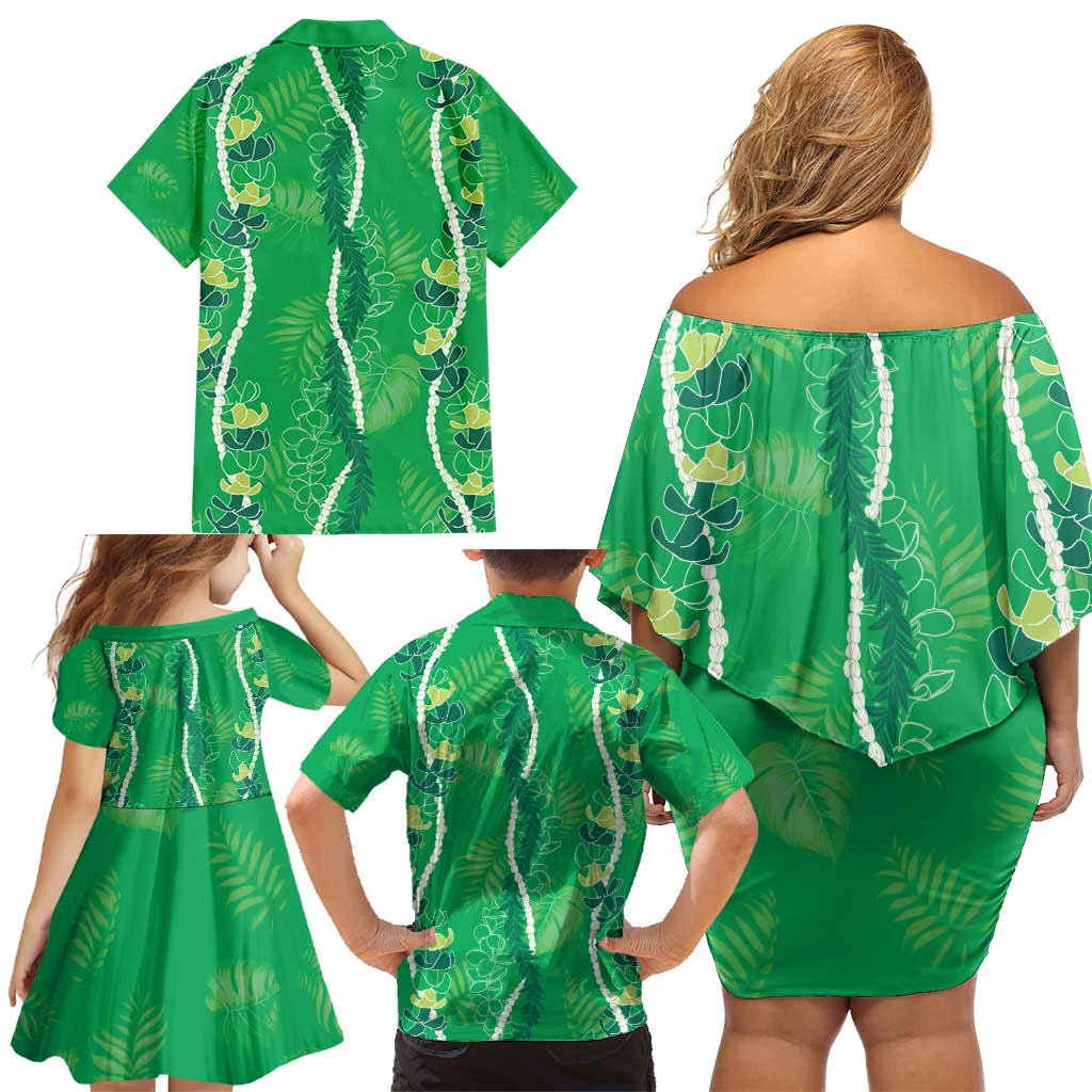 Hawaii Maile Lei Family Matching Off Shoulder Short Dress and Hawaiian Shirt With Green Monstera Pattern