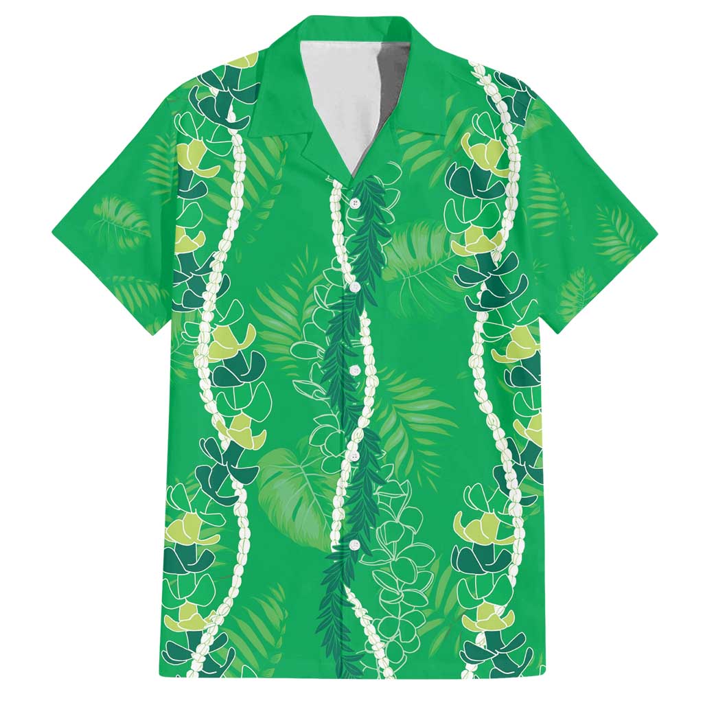 Hawaii Maile Lei Family Matching Off Shoulder Short Dress and Hawaiian Shirt With Green Monstera Pattern