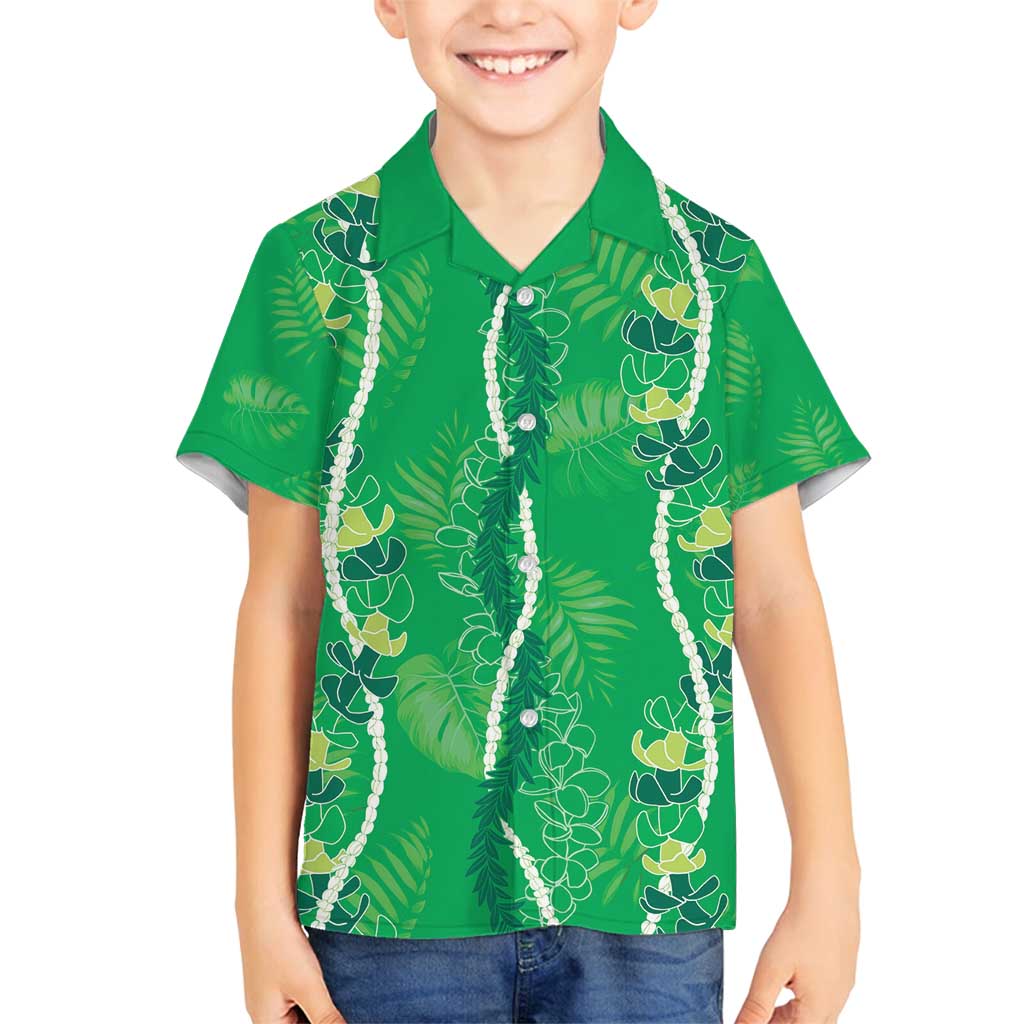 Hawaii Maile Lei Family Matching Off Shoulder Short Dress and Hawaiian Shirt With Green Monstera Pattern