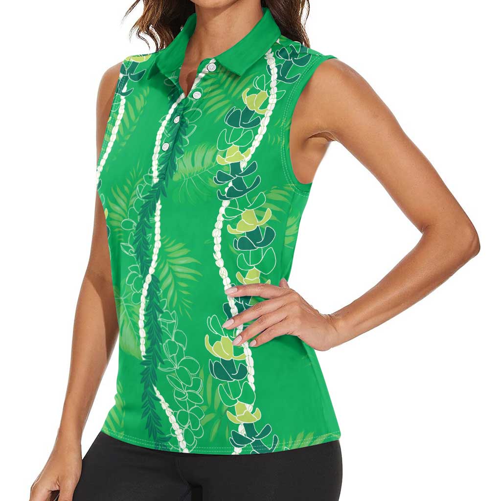 Hawaii Maile Lei Women Sleeveless Polo Shirt With Green Monstera Pattern
