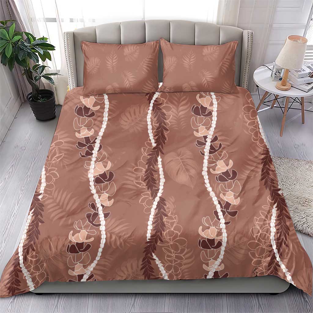 Hawaii Maile Lei Bedding Set With Brown Monstera Pattern