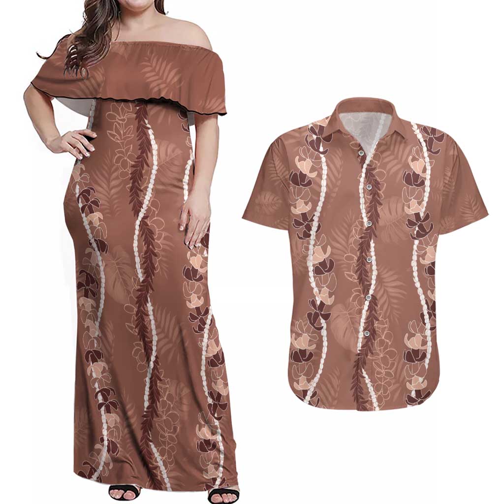 Hawaii Maile Lei Couples Matching Off Shoulder Maxi Dress and Hawaiian Shirt With Brown Monstera Pattern