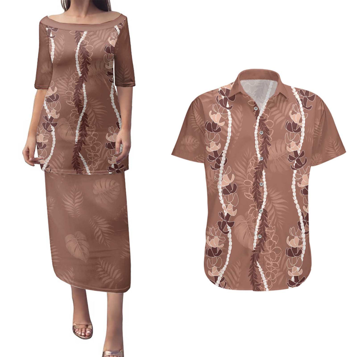 Hawaii Maile Lei Couples Matching Puletasi and Hawaiian Shirt With Brown Monstera Pattern