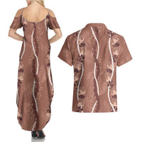 Hawaii Maile Lei Couples Matching Summer Maxi Dress and Hawaiian Shirt With Brown Monstera Pattern