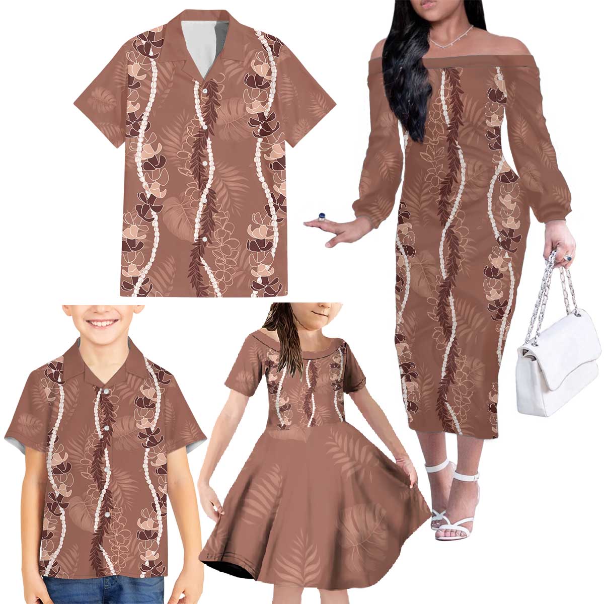 Hawaii Maile Lei Family Matching Off The Shoulder Long Sleeve Dress and Hawaiian Shirt With Brown Monstera Pattern