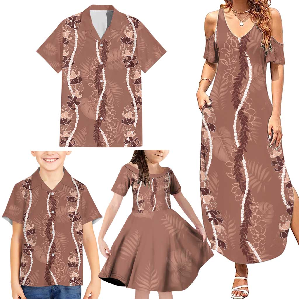 Hawaii Maile Lei Family Matching Summer Maxi Dress and Hawaiian Shirt With Brown Monstera Pattern