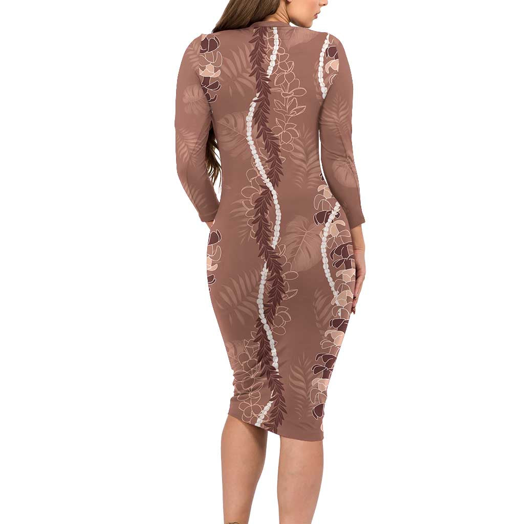 Hawaii Maile Lei Long Sleeve Bodycon Dress With Brown Monstera Pattern