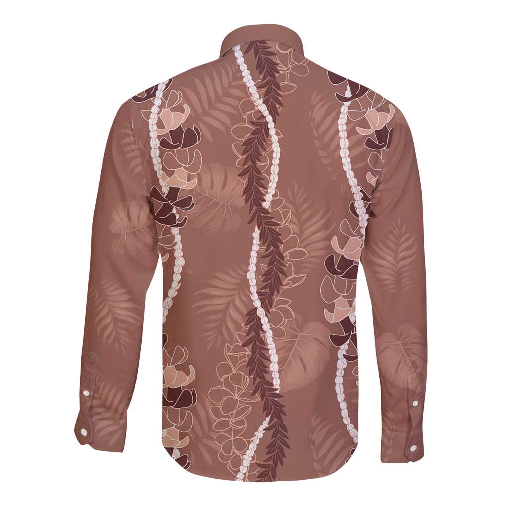 Hawaii Maile Lei Long Sleeve Button Shirt With Brown Monstera Pattern
