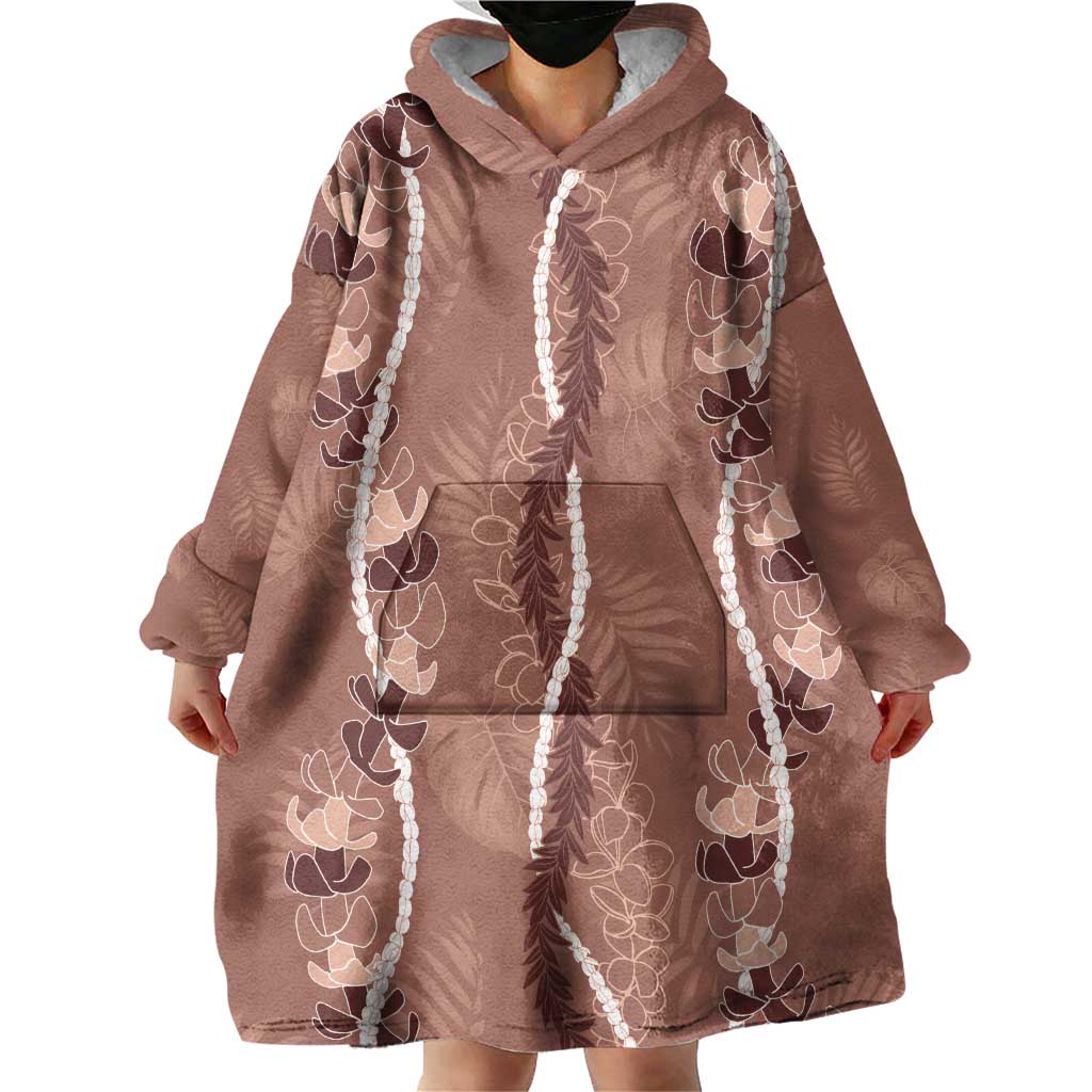 Hawaii Maile Lei Wearable Blanket Hoodie With Brown Monstera Pattern