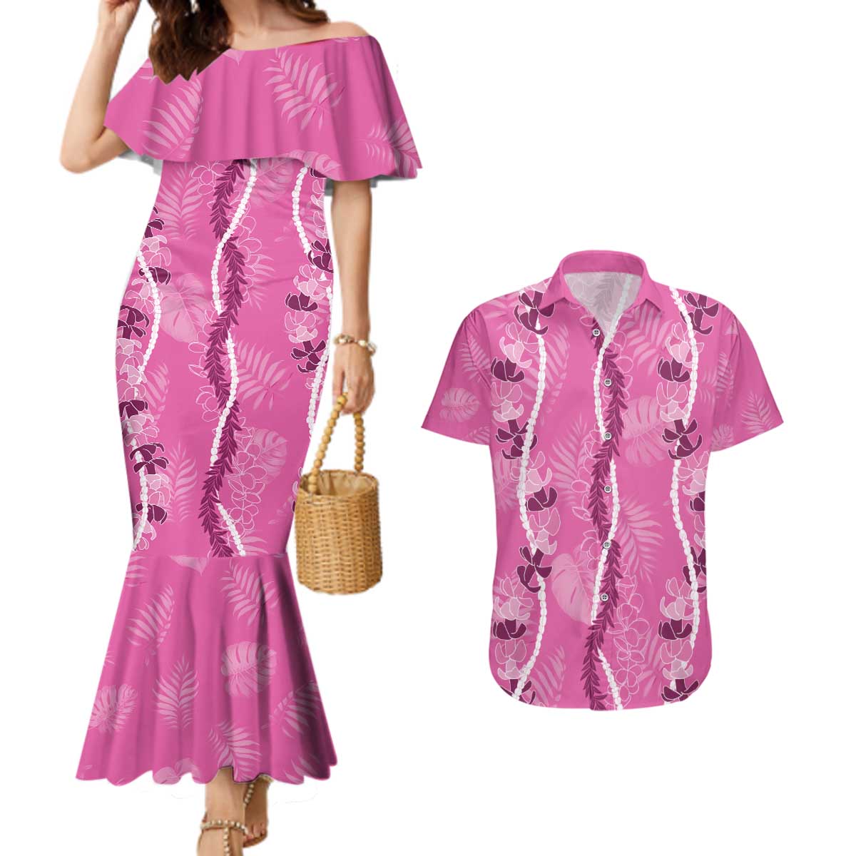Hawaii Maile Lei Couples Matching Mermaid Dress and Hawaiian Shirt With Pink Monstera Pattern