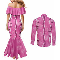 Hawaii Maile Lei Couples Matching Mermaid Dress and Long Sleeve Button Shirt With Pink Monstera Pattern