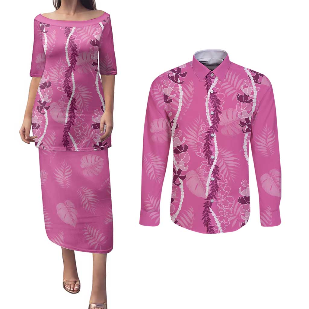Hawaii Maile Lei Couples Matching Puletasi and Long Sleeve Button Shirt With Pink Monstera Pattern LT05 Pink - Polynesian Pride