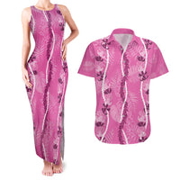 Hawaii Maile Lei Couples Matching Tank Maxi Dress and Hawaiian Shirt With Pink Monstera Pattern