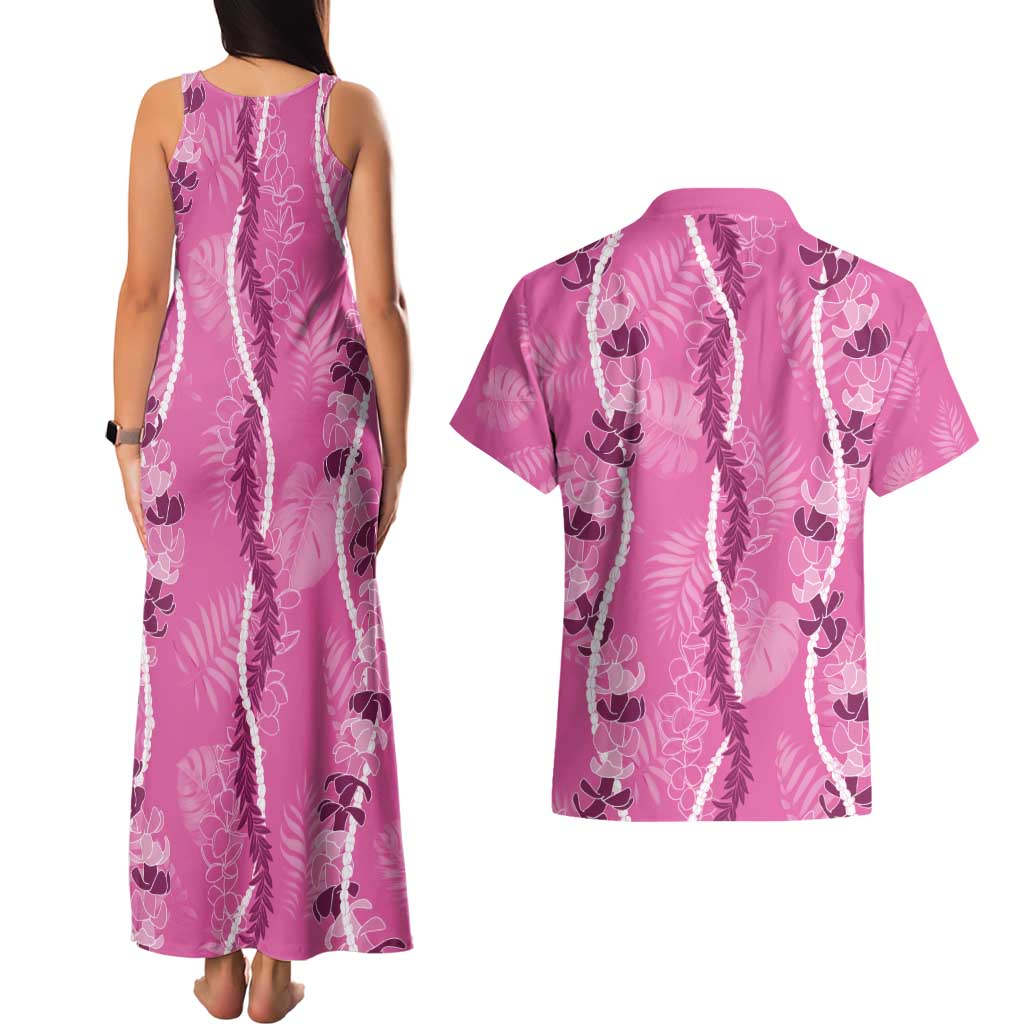 Hawaii Maile Lei Couples Matching Tank Maxi Dress and Hawaiian Shirt With Pink Monstera Pattern