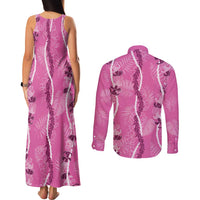 Hawaii Maile Lei Couples Matching Tank Maxi Dress and Long Sleeve Button Shirt With Pink Monstera Pattern