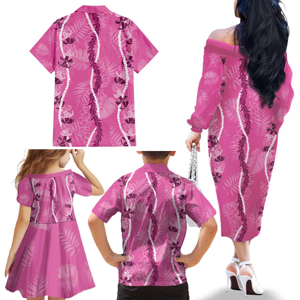 Hawaii Maile Lei Family Matching Off The Shoulder Long Sleeve Dress and Hawaiian Shirt With Pink Monstera Pattern