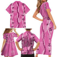 Hawaii Maile Lei Family Matching Short Sleeve Bodycon Dress and Hawaiian Shirt With Pink Monstera Pattern