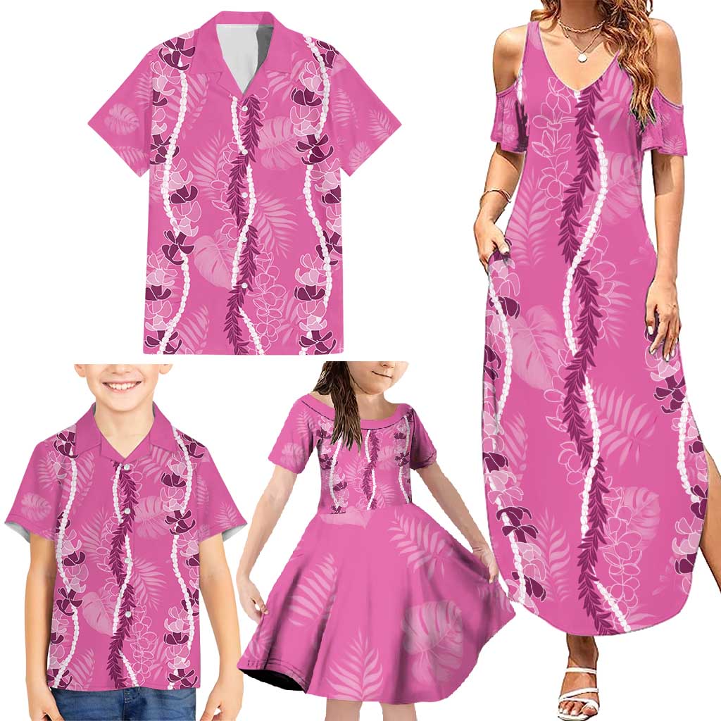 Hawaii Maile Lei Family Matching Summer Maxi Dress and Hawaiian Shirt With Pink Monstera Pattern