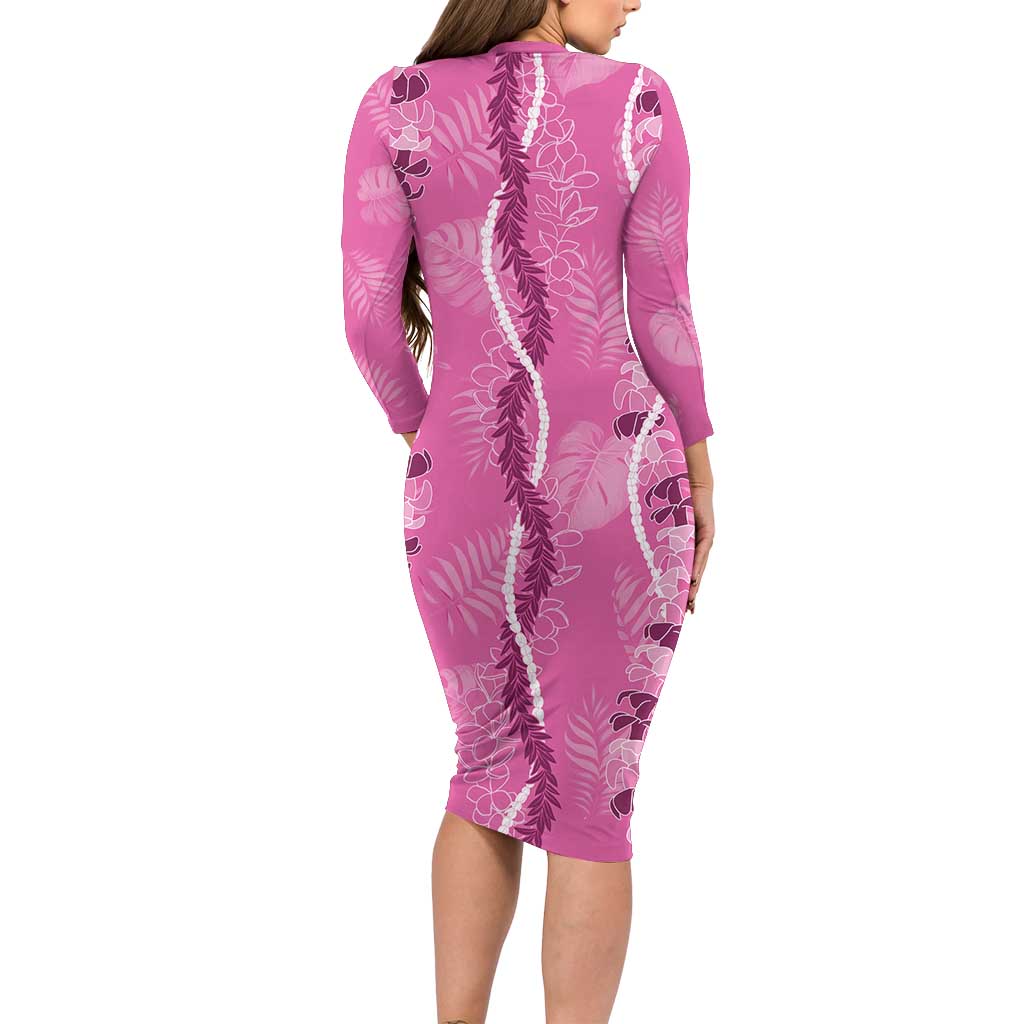 Hawaii Maile Lei Long Sleeve Bodycon Dress With Pink Monstera Pattern