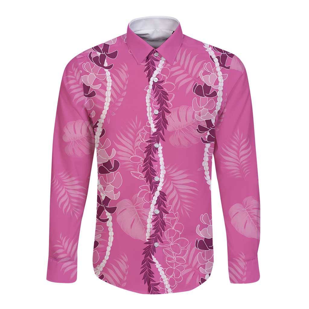 Hawaii Maile Lei Long Sleeve Button Shirt With Pink Monstera Pattern LT05 Unisex Pink - Polynesian Pride
