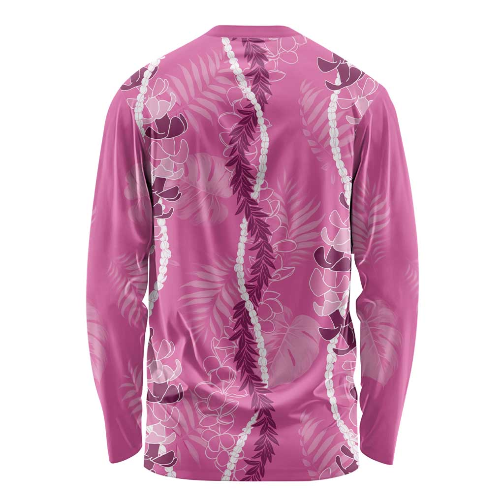 Hawaii Maile Lei Long Sleeve Shirt With Pink Monstera Pattern