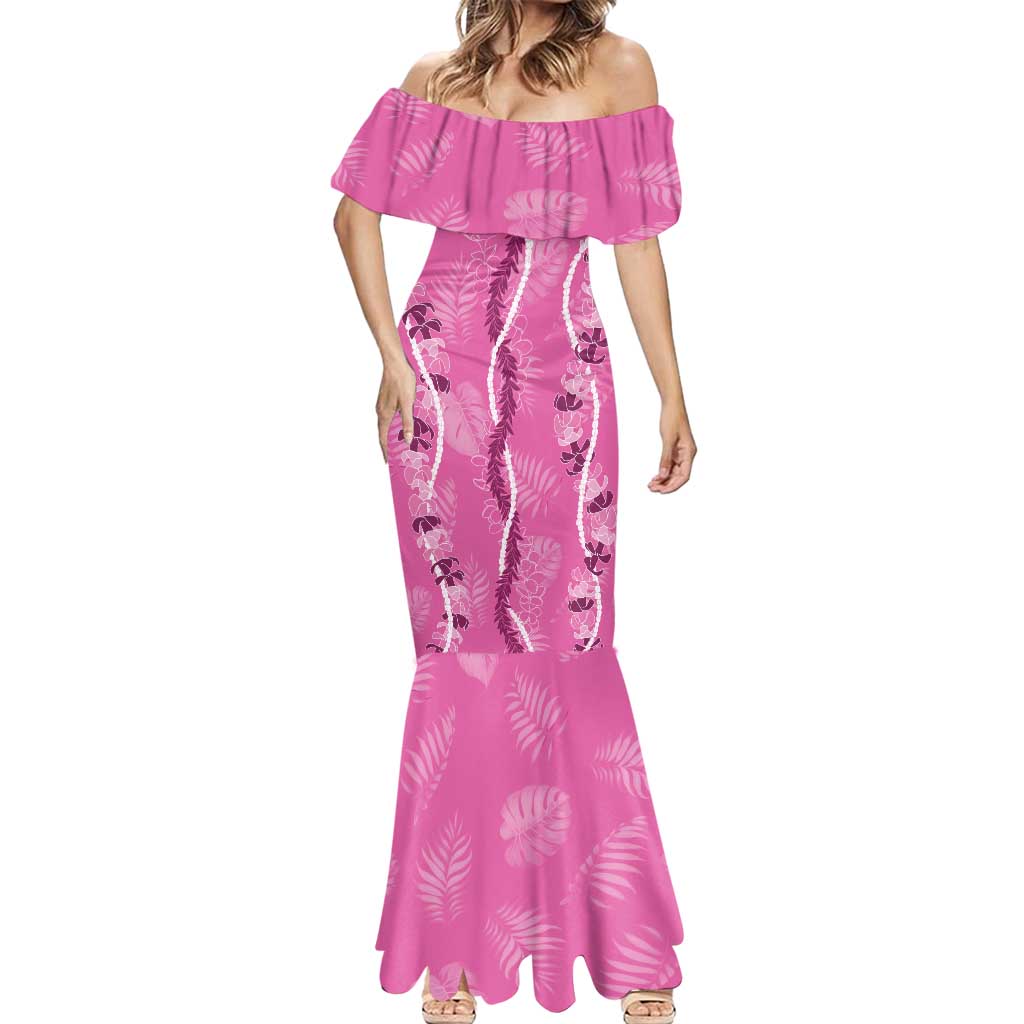 Hawaii Maile Lei Mermaid Dress With Pink Monstera Pattern