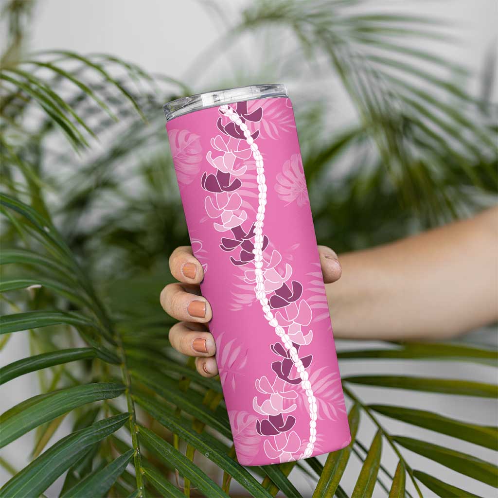 Hawaii Maile Lei Skinny Tumbler With Pink Monstera Pattern