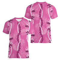 Hawaii Maile Lei Women V-Neck T-Shirt With Pink Monstera Pattern