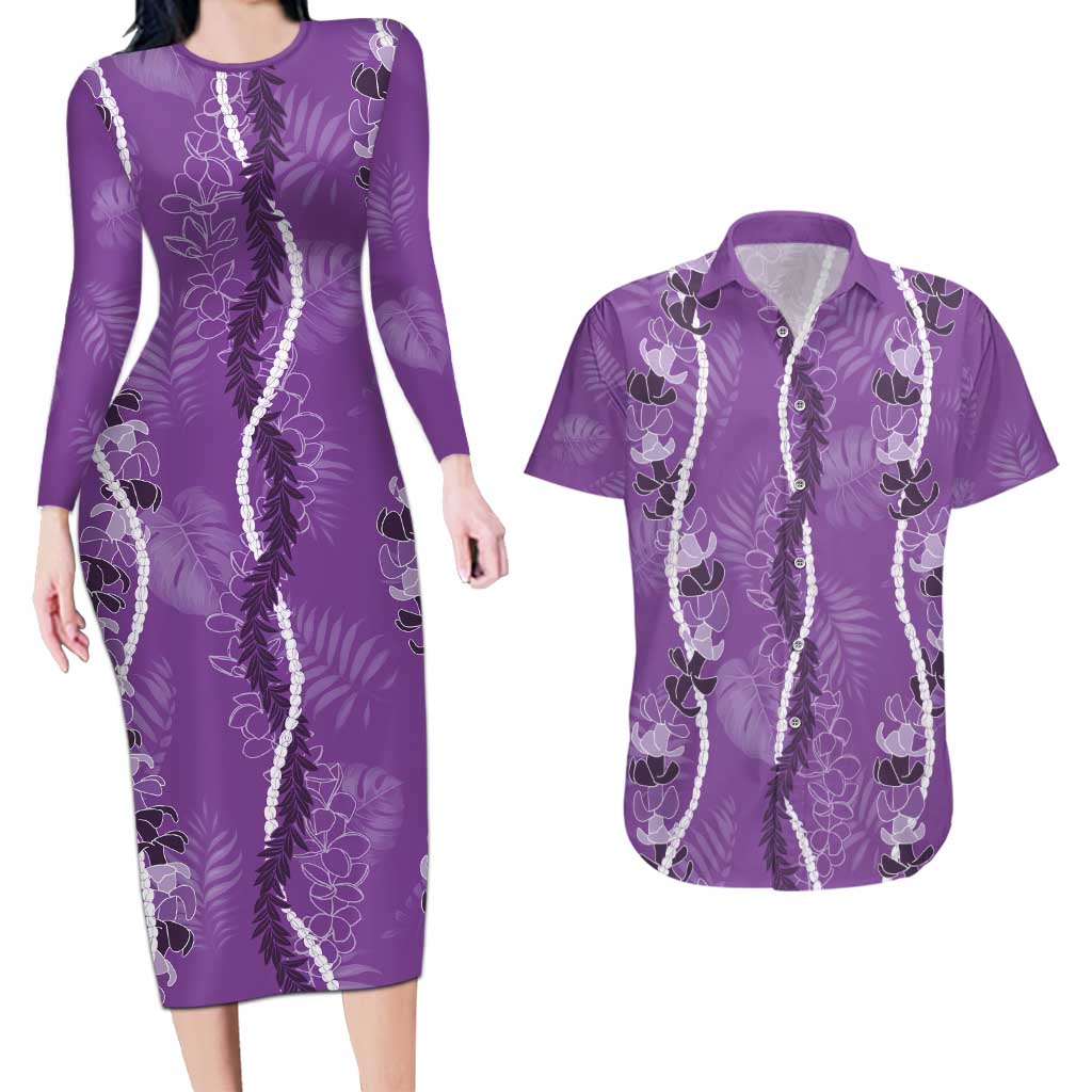 Hawaii Maile Lei Couples Matching Long Sleeve Bodycon Dress and Hawaiian Shirt With Violet Monstera Pattern