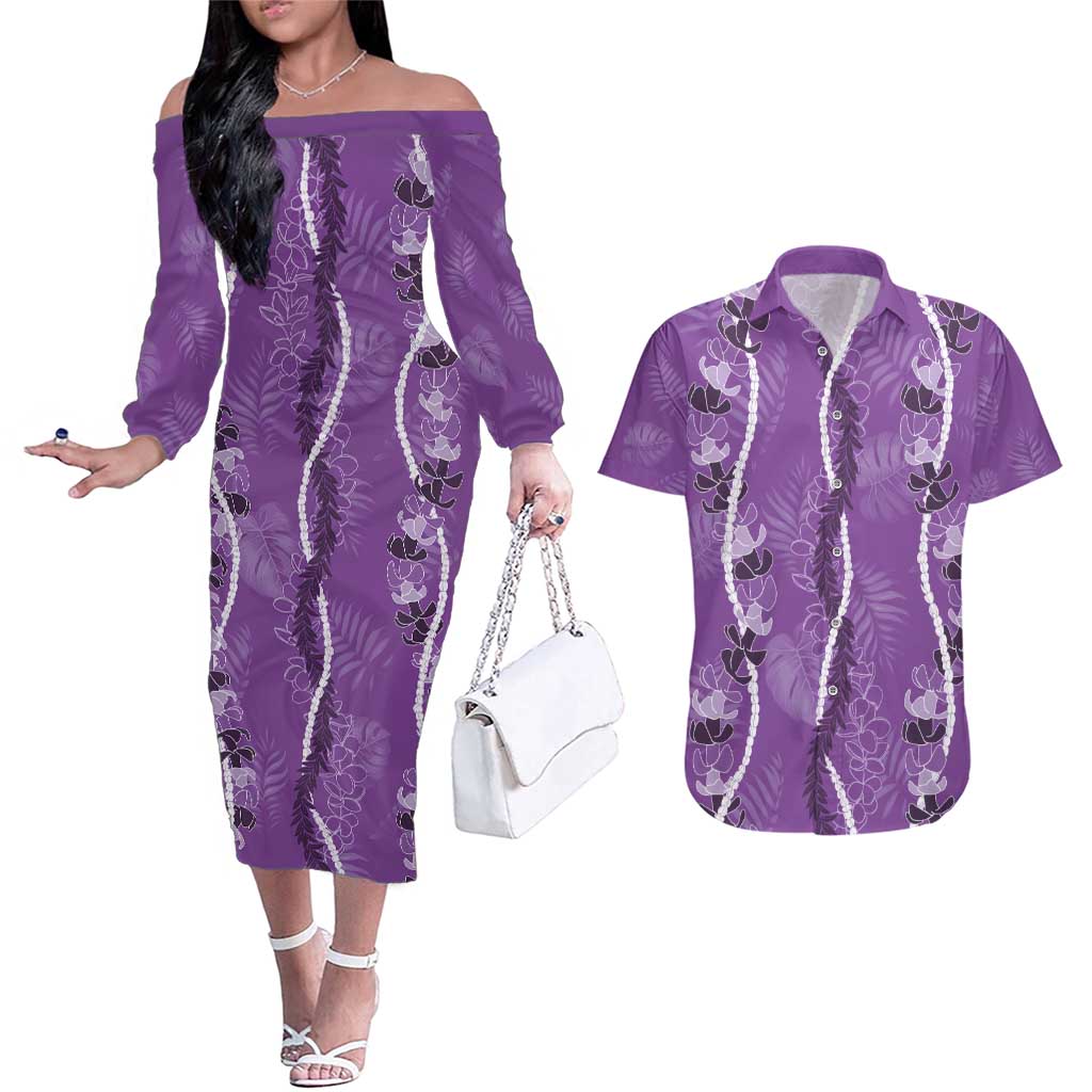 Hawaii Maile Lei Couples Matching Off The Shoulder Long Sleeve Dress and Hawaiian Shirt With Violet Monstera Pattern