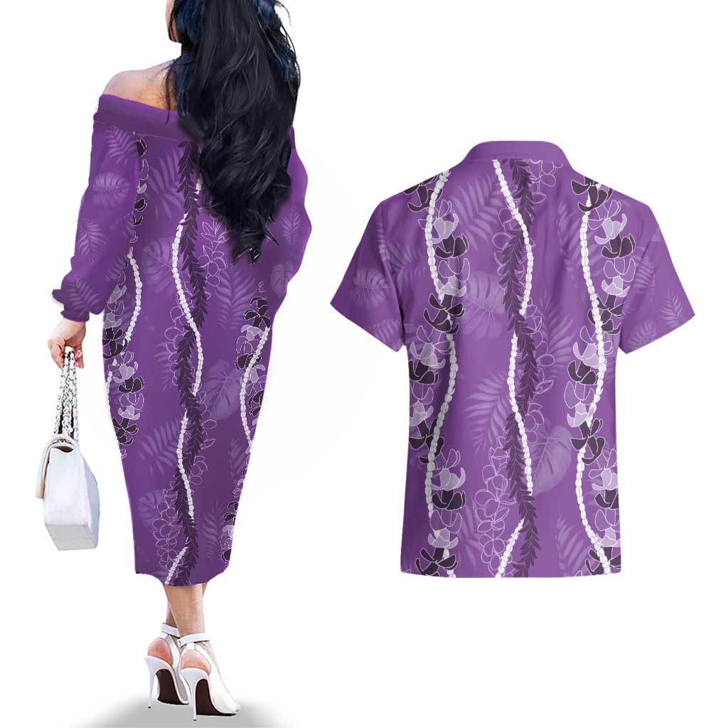 Hawaii Maile Lei Couples Matching Off The Shoulder Long Sleeve Dress and Hawaiian Shirt With Violet Monstera Pattern