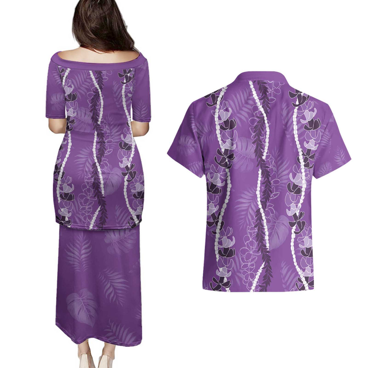 Hawaii Maile Lei Couples Matching Puletasi and Hawaiian Shirt With Violet Monstera Pattern