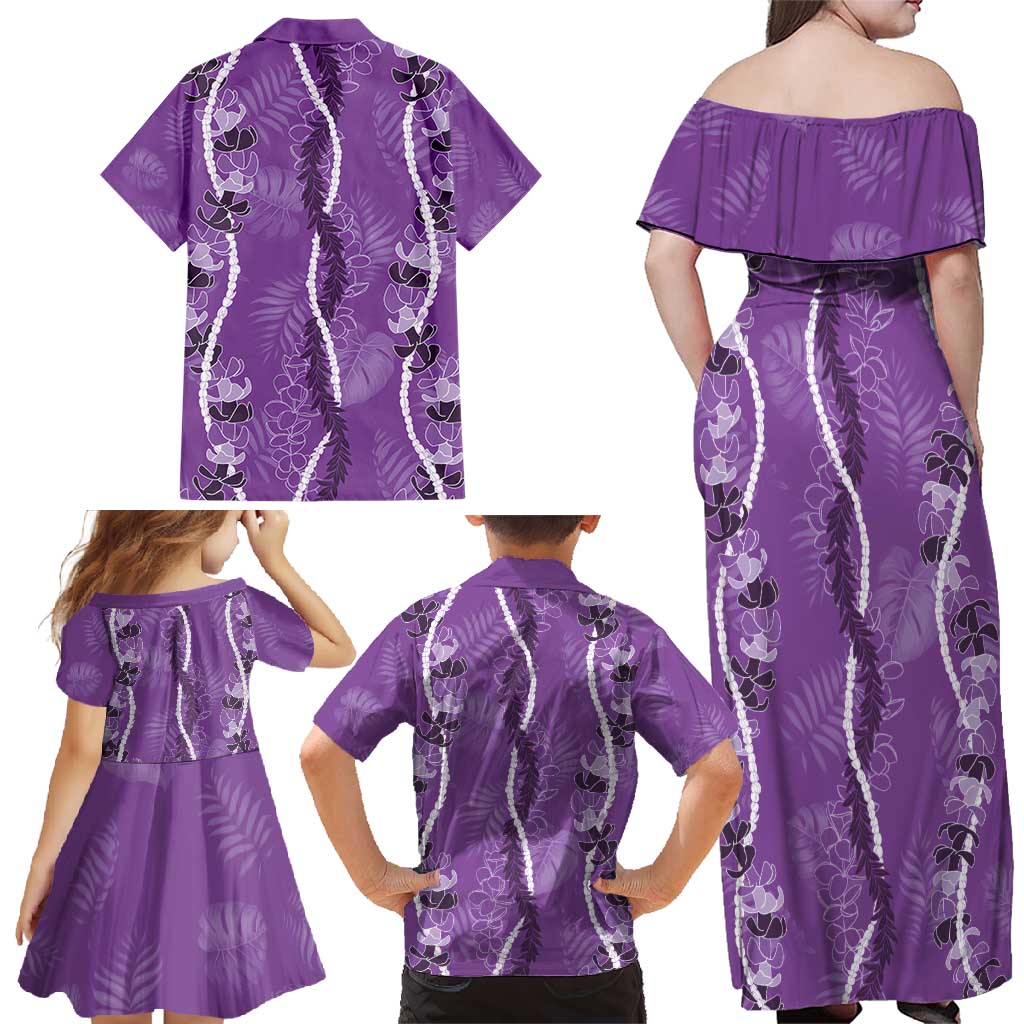 Hawaii Maile Lei Family Matching Off Shoulder Maxi Dress and Hawaiian Shirt With Violet Monstera Pattern