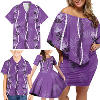 Hawaii Maile Lei Family Matching Off Shoulder Short Dress and Hawaiian Shirt With Violet Monstera Pattern