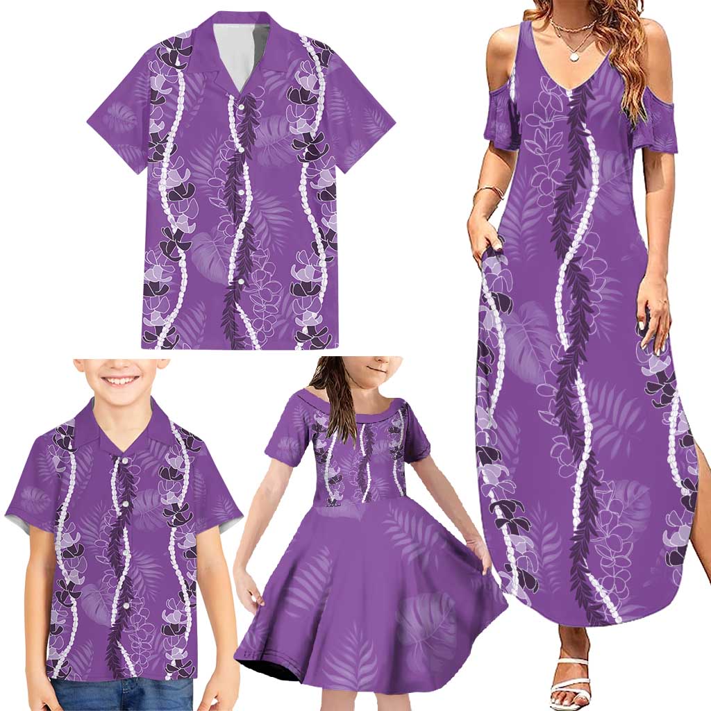Hawaii Maile Lei Family Matching Summer Maxi Dress and Hawaiian Shirt With Violet Monstera Pattern