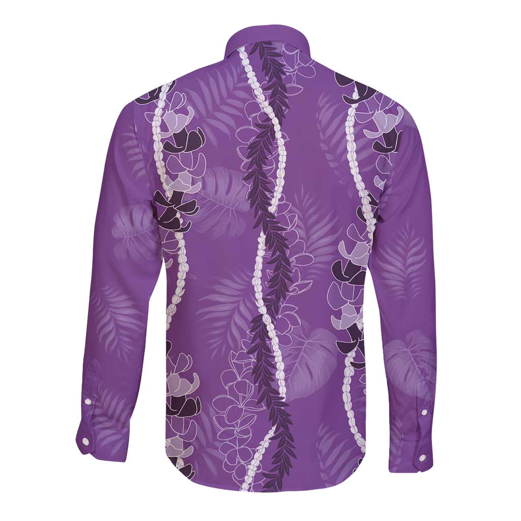 Hawaii Maile Lei Long Sleeve Button Shirt With Violet Monstera Pattern