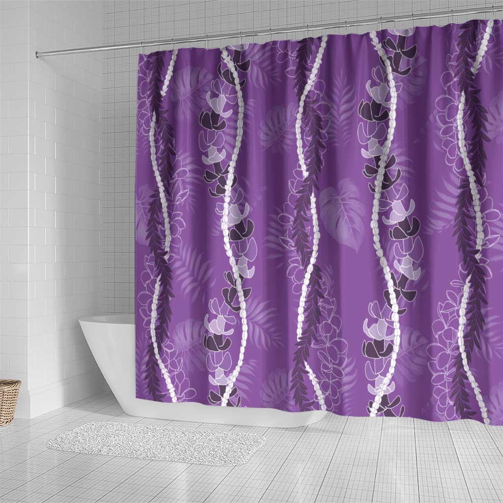 Hawaii Maile Lei Shower Curtain With Violet Monstera Pattern