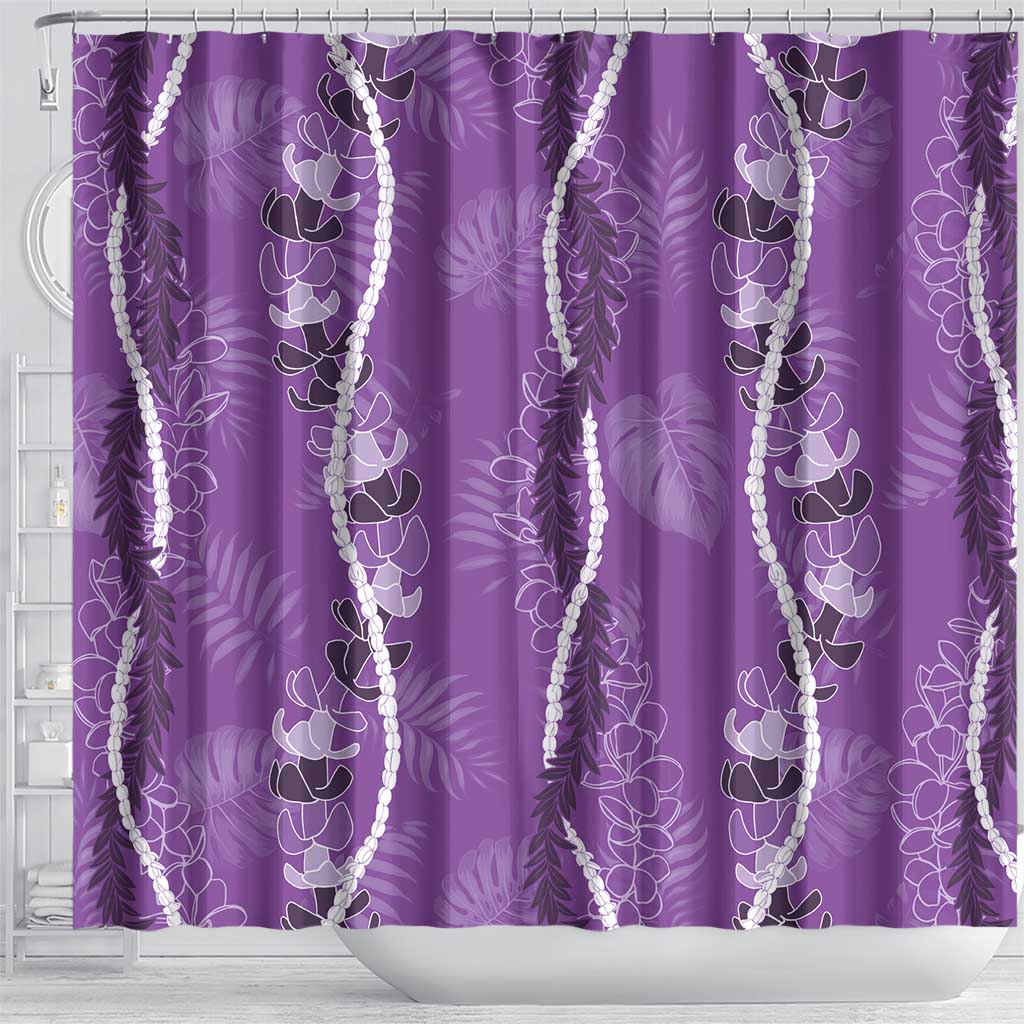 Hawaii Maile Lei Shower Curtain With Violet Monstera Pattern